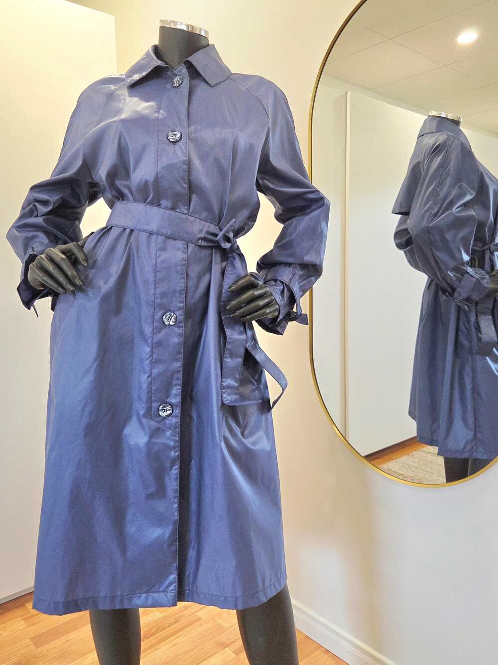 Vintage Aqua‑Sheen Raincoat, Navy Belted Long Coat, New York Miami, M